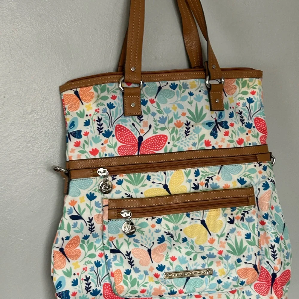 Floral Butterfly Tote Bag with Tan Accents